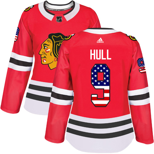 Adidas Blackhawks #9 Bobby Hull Red Home Authentic USA Flag Women's Stitched NHL Jersey - Click Image to Close